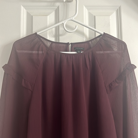 Ann Taylor Burgundy Ethereal Scoop-neck Blouse with Ruffled Sheer Sleeves. EUC - Picture 4 of 10